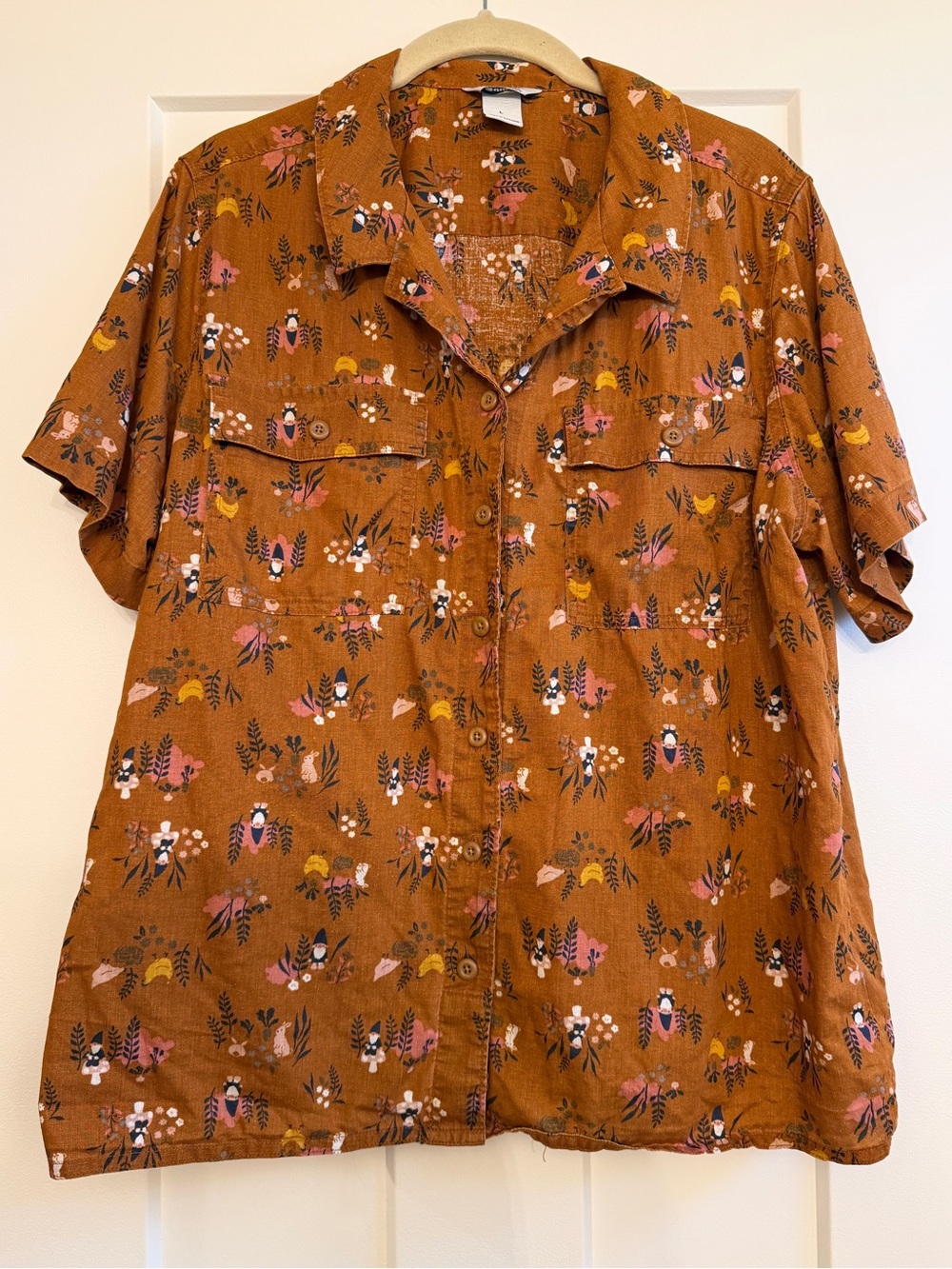 Duluth Trading Co Floral Gnome Button-Down Shirt Hemp Organic Cotton Large